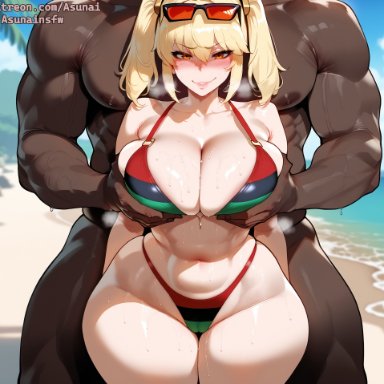 zenless zone zero, burnice white, asunai, 1boy, beach, bikini, blonde hair, blush, curvy, dark-skinned male, female, groping, groping breasts, groping from behind, height difference