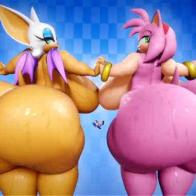 sonic (series), amy rose, rouge the bat, sonic the hedgehog, vulkyasha, anthro, areola, ass bigger than head, ass crush, ass focus, ass to ass, backboob, bat, dumptruck ass, erect nipples