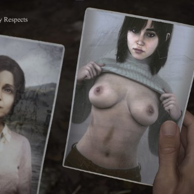 silent hill, silent hill 2, silent hill 2 remake, angela orosco, angela orosco (remake), mary sunderland, jjjjd, 1girls, 2girls, belly, belly button, breasts, breasts out, brown eyes, brown hair