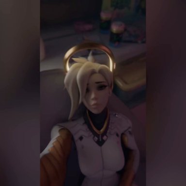 overwatch, overwatch 2, amelie lacroix, angela ziegler, d.va, hana song, mercy, pachimari, widowmaker, fraxxlr, 1boy, 3girls, blonde hair, blowjob, bodysuit