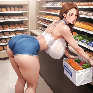 secret class, eun-ae june (secret class), alex-schura, 1girls, ass, bare shoulders, bent over, big breasts, blue shorts, bracelet, braid, braided ponytail, bread, breasts, brown eyes