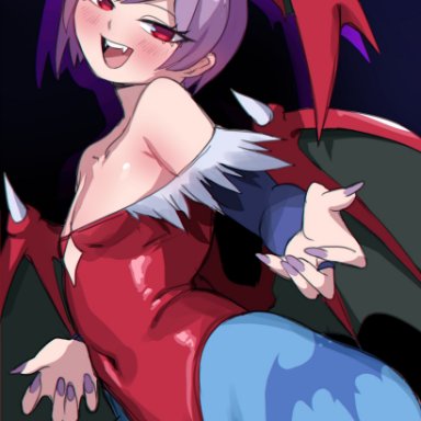 capcom, darkstalkers, lilith aensland, lightsource, 1girl, 1girls, bat print, blue pantyhose, blush, clothed, clothing, fangs, female, female only, flat chest