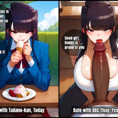 komi-san wa komyushou desu, komi shouko, eleanor ntr, 1girls, 2boys, bangs, black eyes, black hair, blush, bow, bowtie, breasts, cheating, cheating (relationship), cheating girlfriend