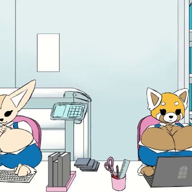 aggressive retsuko, aggretsuko, sanrio, director ton, fenneko, retsuko, biboioioi, 1boy, 1boy1girl, 2girls, absurd proportions, after sex, anthro, anthro on anthro, anthro penetrated