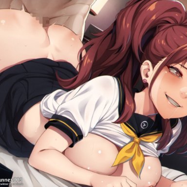 persona, persona 4, kujikawa rise, dannex009, 1boy, all fours, ass, bent over, black skirt, blush, bottomless, breasts, brown eyes, brown hair, clothes lift