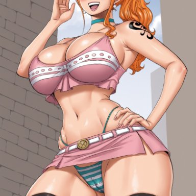 one piece, nami (one piece), ai xxxpert, 1girls, armpits, big breasts, blush, bow, bow panties, breasts, brown eyes, busty, camel toe, cameltoe, cleavage