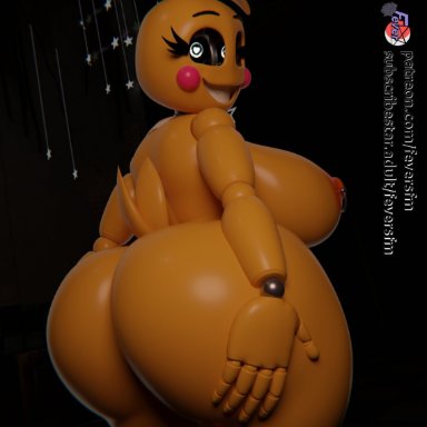 five nights at freddy's, five nights at freddy's 2, toy chica (fnaf), toy chica (love taste), feversfm, 1girls, animatronic, anthro, anthrofied, areolae, ass, ass focus, ass grab, avian, back view