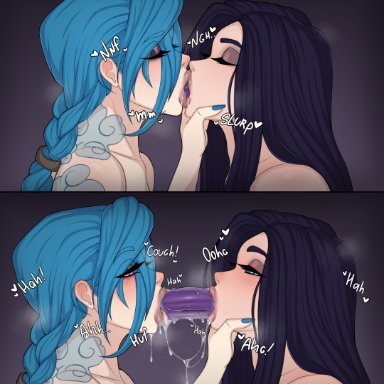 arcane, league of legends, league of legends: wild rift, arcane caitlyn, arcane jinx, caitlyn kiramman, jinx (league of legends), vo1ette, 2girls, blowjob, blowjob face, blue hair, closed eyes, dildo, dildo in mouth