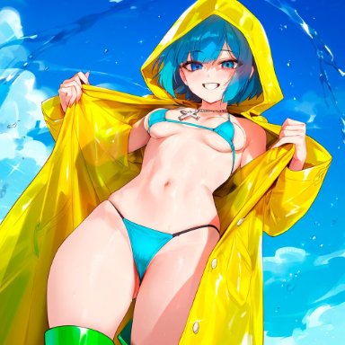 bible, holy year 2025, luce (vatican), 1girls, bangs, bikini, blue bikini, blue eyes, blue hair, blue sky, blush, breasts, cloud, collarbone, cowboy shot