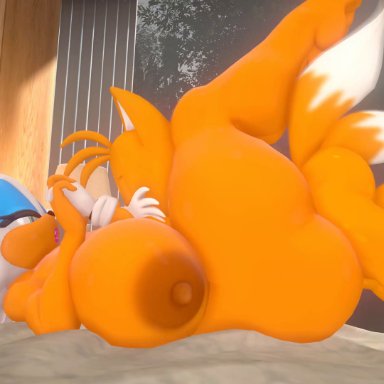 sega, sonic the hedgehog (series), rouge the bat, tails, leviantan581re, age difference, anthro, audible ejaculation, balls, bat, bed, big breasts, bodily fluids, breasts, canid