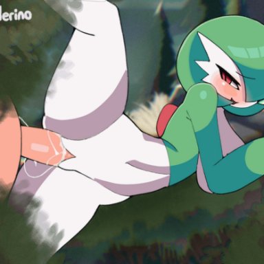 nintendo, pokemon, gardevoir, generation 3 pokemon, pokemon (species), voider (artist), 1boy, 1girls, big breasts, black eyebrows, blush, bodily fluids, body part in pussy, breasts, duo