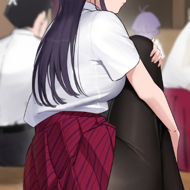 komi-san wa komyushou desu, komi shouko, osana najimi, tadano hitohito, takita, takita (takita3411), 1boy, 1other, 2girls, ass, belt, black belt, black hair, blurry, breasts