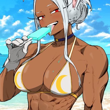 boku no hero academia, miruko, rumi usagiyama, artist collaboration, mirkosimps, parallaxfused, abs, animal ears, beach, bikini, blue sky, breasts, choker, cleavage, cloud