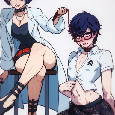 persona, persona 5, amamiya ren, ren amamiya, tae takemi, latbjorn ai, 1boy, bangs, belt, black choker, black dress, black hair, blue hair, blush, breasts