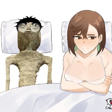 dandadan, ayase momo, takakura ken (okarun), 1boy, 1girl, black hair, breasts, brunette hair, couple, earrings, female, funny, glasses, artist signature, guy tired after sex (meme)