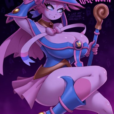 halloween, nintendo, pokemon, yu-gi-oh!, dark magician girl (cosplay), eeveelution, kiwi (gammainks), pokemon (species), sylveon, gammainks, 1girls, anthro, big breasts, blue eyes, cosplay