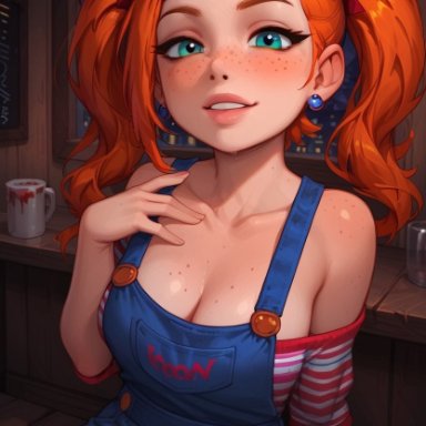 ben 10, cartoon network, halloween, chucky, chucky (cosplay), gwen tennyson, sadtomato, big breasts, cleavage, cosplay, freckles, halloween costume, horror, off shoulder, overalls