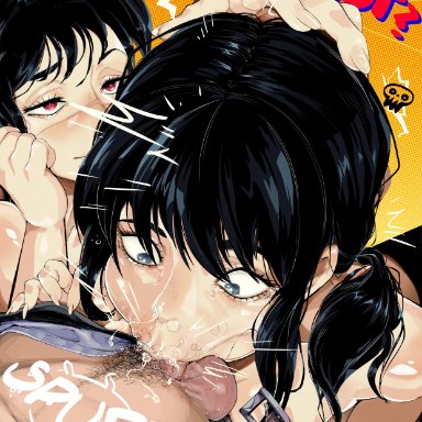 chainsaw man, shounen jump, mitaka asa, yoru (chainsaw man), crois, vilecrois, 1boy, 2girls, balls, black hair, blowjob, blue eyes, blush, blushing, dark hair