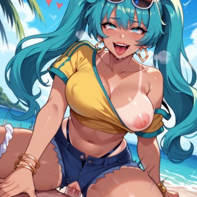 brazilian miku, hatsune miku, balecxi, 1boy, aqua eyes, aqua hair, aqua nails, beach, bracelet, cowgirl position, crop top, day, denim, denim shorts, eyewear on head