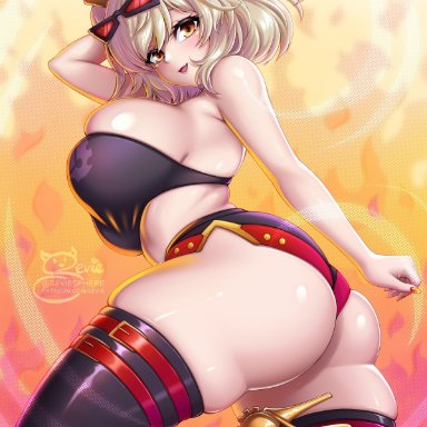 hoyoverse, zenless zone zero, burnice white, sevie, 1girl, ass, bare shoulders, best girl, big breasts, black stockings, black tubetop, blonde hair, bottom heavy, breasts, bubble butt