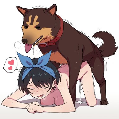 sarashina ruka, hentamonn, big breasts, black hair, blush, bodily fluids, breasts, canid, canine, canis, closed eyes, cum, cum inside, domestic dog, duo