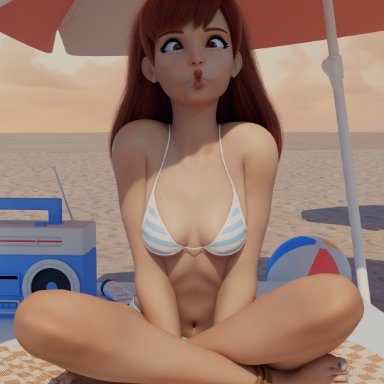 blizzard entertainment, overwatch, overwatch 2, d.va, geckoscave, 1girls, beach, bikini, bra, breasts, brown hair, crossed legs, duck face, female, female focus