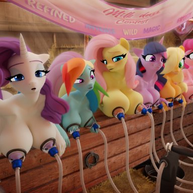 friendship is magic, hasbro, my little pony, applejack (mlp), fluttershy (mlp), mane six (mlp), pinkie pie (mlp), rainbow dash (mlp), rarity (mlp), twilight sparkle (mlp), hooves-art, anthro, bodily fluids, breast milking, equid