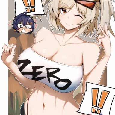 hoyoverse, mihoyo, zenless zone zero, belle (zenless zone zero), burnice white, gin moku, 2girls, angry, angry face, belly, belly button, big breasts, blonde female, blonde hair, blonde hair female