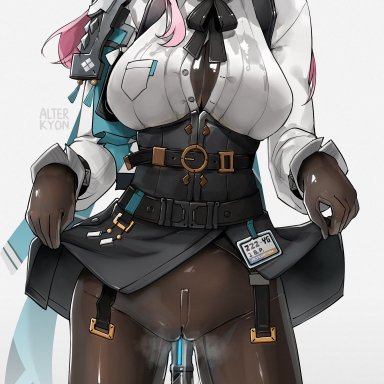 zenless zone zero, tsukishiro yanagi, alterkyon, armor, belt, bodysuit, breasts, cleavage, clothes lift, large breasts, latex, latex bodysuit, long hair, necktie, object insertion