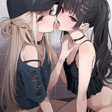 original, turisasu, 2boys, arm support, baseball cap, black camisole, black choker, black hair, black hat, black wristband, blonde hair, blue eyes, blue shirt, bottomless, bra strap