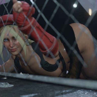 street fighter, cammy white, blueberg, 1dog, 1girls, against fence, beret, bestiality, blonde hair, blue eyes, canine, doggy style, elbow gloves, fingerless gloves, gloves