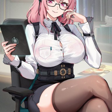 hoyoverse, zenless zone zero, tsukishiro yanagi, foxyrain (foxyreine), foxyreine, 1girls, breasts, clothed, female, glasses, large breasts, light skin, light-skinned female, long hair, office lady