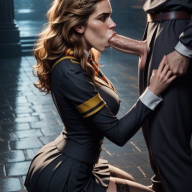 harry potter, emma watson, hermione granger, myperverseworld, 1boy, 1girls, blonde hair female, clothed fellatio, fellatio, kneeling oral position, long hair female, oral sex, penis, penis in mouth, school uniform