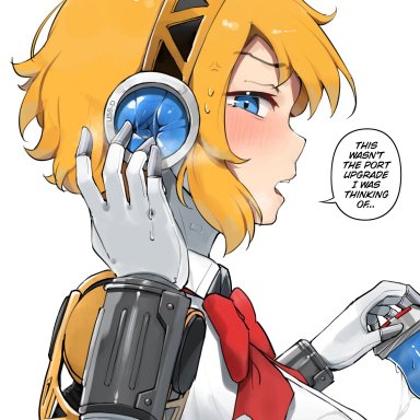 persona, persona 3, aigis (persona), alterkyon, android, annoyed expression, body modification, fleshlight, offering, onahole, robot girl, unusual anatomy