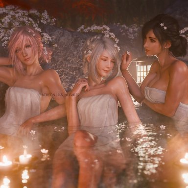 final fantasy, final fantasy vii, final fantasy xiii, final fantasy xvi, eclair farron, jill warrick, tifa lockhart, ria-neearts, 3girls, alternate hairstyle, autumn leaves, black hair, breasts, candle, flower