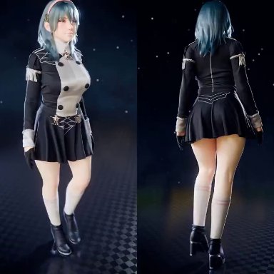 fire emblem, fire emblem: three houses, nintendo, byleth (fire emblem), byleth (fire emblem) (female), j9006, 1girls, ass, ass focus, black legwear, blue hair, breast jiggle, breasts, dual persona, hairband