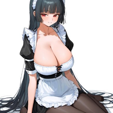 zenless zone zero, hoshimi miyabi, animal ear fluff, animal ears, big breasts, black hair, breasts, busty, cleavage, large breasts, maid, maid headdress, maid outfit, maid uniform, red eyes