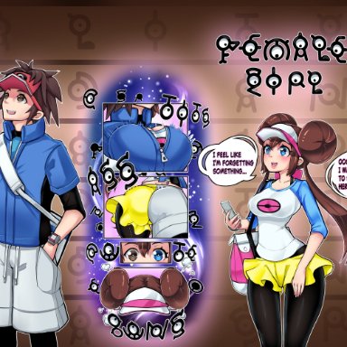 pokemon, pokemon bw2, nate (pokemon), pokemon (species), protagonist (pokemon), rosa (pokemon), unown, bimboaudino, bimbovaporeon, 1boy, 1girls, ass expansion, big breasts, bimbo lips, bimbofication