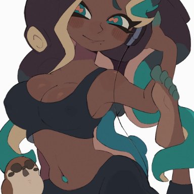 splatoon, splatoon (series), splatoon 2, marina (splatoon), octoling, kiirono, aqua eyes, aqua hair, aqua pantyhose, bare shoulders, big breasts, black gloves, black shirt, black shorts, blush stickers