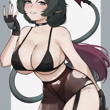 zenless zone zero, jane doe (zenless zone zero), hioyami, animal ears, aqua eyes, bare shoulders, big breasts, black bra, black choker, black gloves, black hair, blunt bangs, blush, bra, breasts