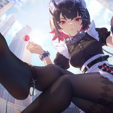 zenless zone zero, ellen joe, icecake, anklet, belt, black hair, black stockings, city, dissappointed look, feet, feet visible through clothing, female, foot fetish, foot focus, giantess