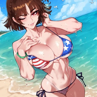 megami tensei, persona, persona 5, makoto niijima, floppydisc, 1girls, abs, american flag, american flag bikini, american flag print, bangs, beach, big breasts, bikini, bird