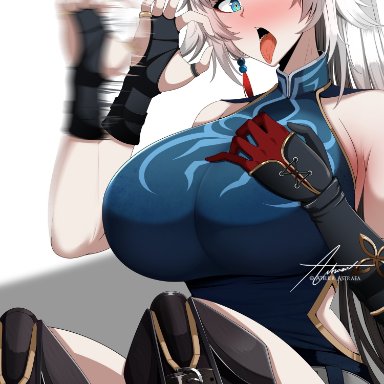 honkai (series), honkai: star rail, feixiao (honkai: star rail), astraea (atelierastraea), animal ears, asymmetrical gloves, black gloves, blue eyes, blush, breasts, fellatio gesture, female, fingerless gloves, gloves, huge breasts