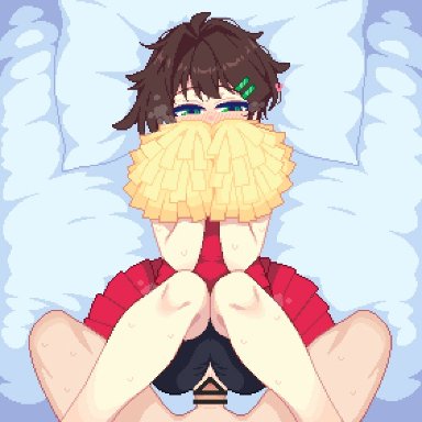 original, hanekenomichi-chan, hurumero, 1boy, bed sheet, bike shorts, blush, brown hair, cheerleader, covering face, cum, cum in pussy, female, hair ornament, hairclip