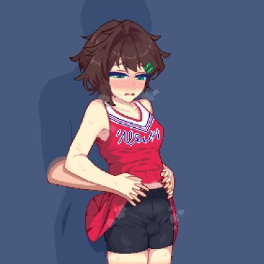 original, hanekenomichi-chan, furumero, hurumero, 1boy, armpits, assisted exposure, bare shoulders, bike shorts, black shorts, blue background, blush, bob cut, breasts, brown hair